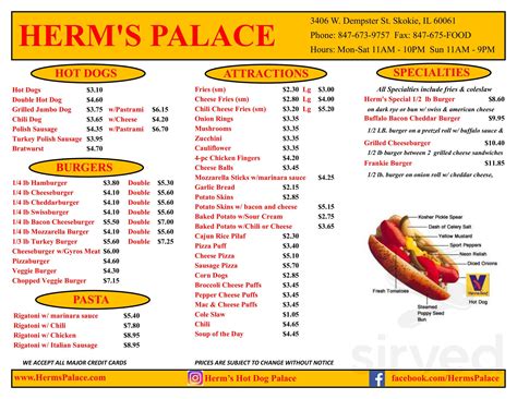 Menu for Herm's Palace in Skokie, IL 